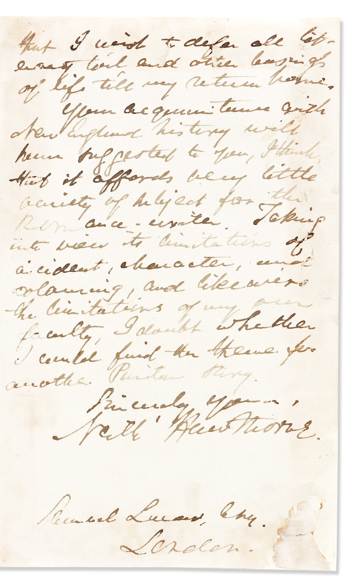 HAWTHORNE, NATHANIEL. Autograph Letter Signed, Nathl Hawthorne, to journalist Samuel Lucas,